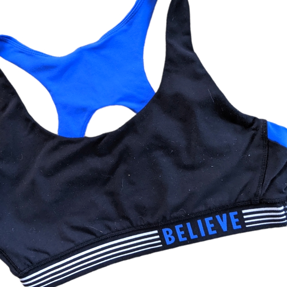 Believe sports bra top blue and black size medium